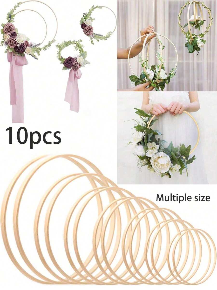 10 个圆形木竹编织环、用于悬挂装饰的手工花环底座、家居装饰派对花环、DIY 捕梦网材料、墙面装饰工艺品、悬挂派对装饰、家居工艺装饰木环、婚礼花环装饰（款式随机发货） - 米色 - 查看 1