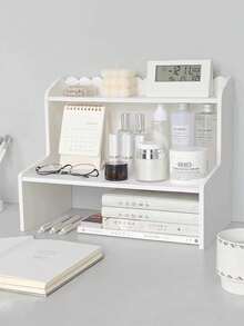 1pc Double Layer Raised Desk Storage Rack, Countertop Cosmetic Stationery Book Organizer For Dorm Office Suitable For Home Storage, Office Desk Home Storage, Halloween And Christmas Gift Desktop Storage - White - View 4