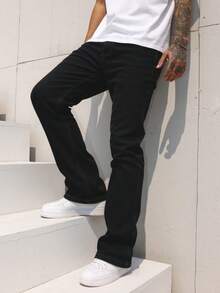 Men's Black Relaxed Fit Non-Stretch Denim Jeans - Essential Washed, Street Style & Versatile Comfort (Classic Rigid Feel) - 黑色 - 查看 1