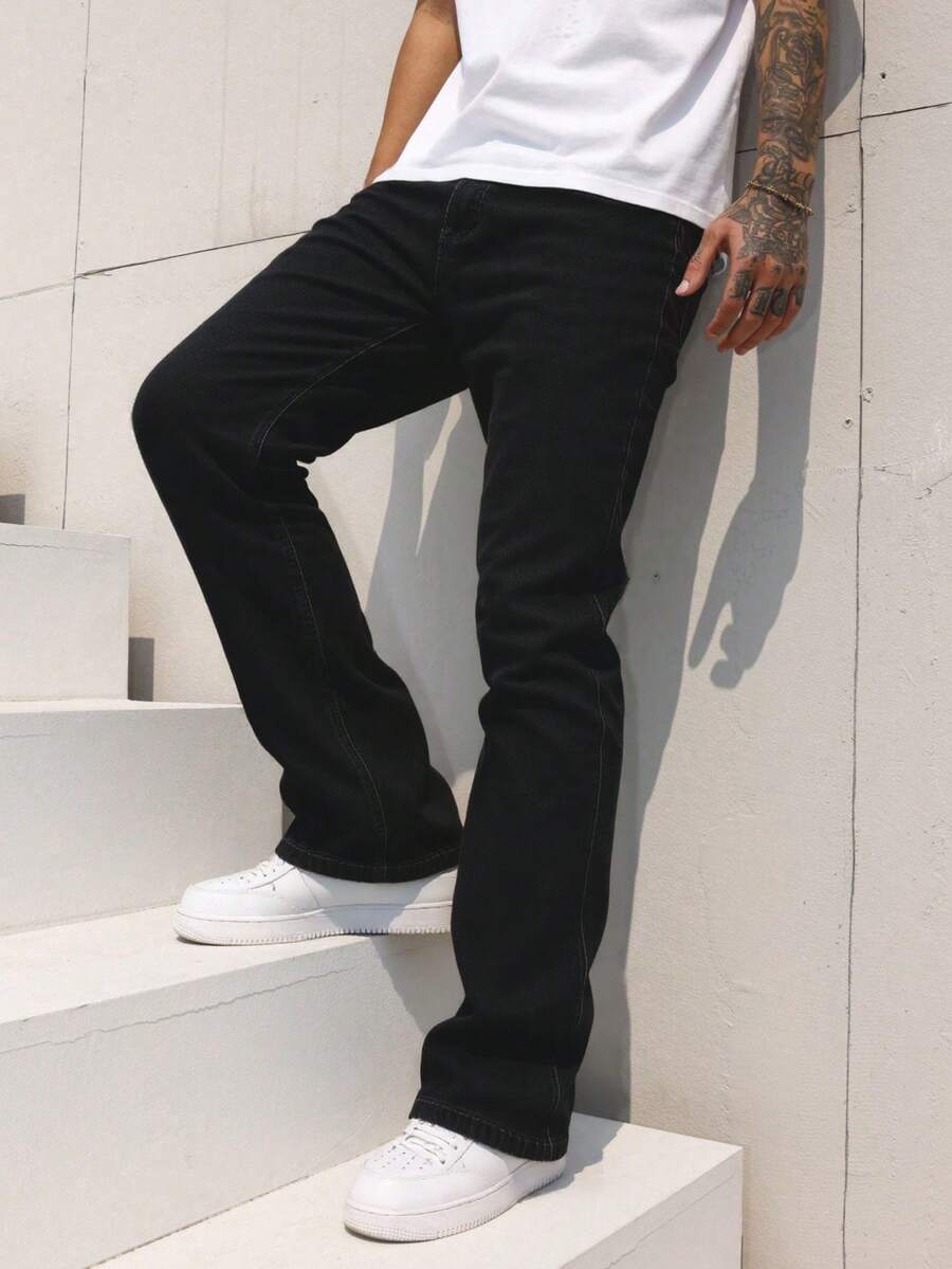 Men's Black Relaxed Fit Non-Stretch Denim Jeans - Essential Washed, Street Style & Versatile Comfort (Classic Rigid Feel) - 黑色 - 查看 1