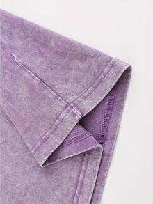 Star Pattern And "" Letter Print Men'S Summer Loose Fit Short Sleeved Washed Vintage 230g Pure Cotton Comfortable Breathable Casual Street Round Neck T-Shirt - 紫色 - 查看 5