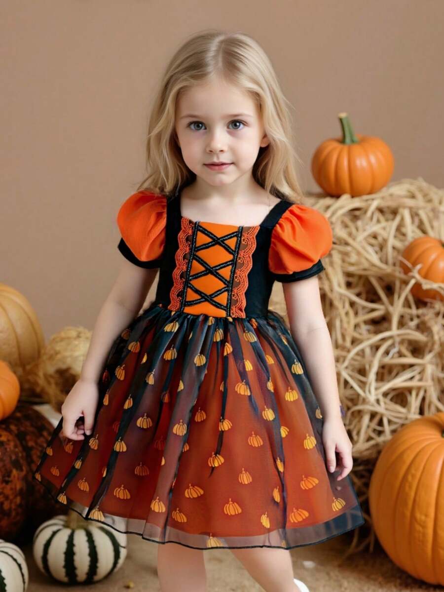 Girls' Witch Costume Dress With Puff Sleeves, Pumpkin & Tulle Skirt, Children's Party Performance Outfit For Halloween - Orange - View 1