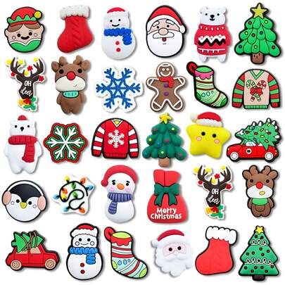 Conjunto de 30 peças de decoração de sapatos estilo Papai Noel, decoração de sapatos de Papai Noel de Natal, decorações de sapatos, decorações faça você mesmo, pingentes de tamancos, decorações de sapatos femininos, decorações de sandálias, pingentes de sapatos de praia, acessórios, prendedores de sapatos, flores de sapatos, abóbora de Halloween