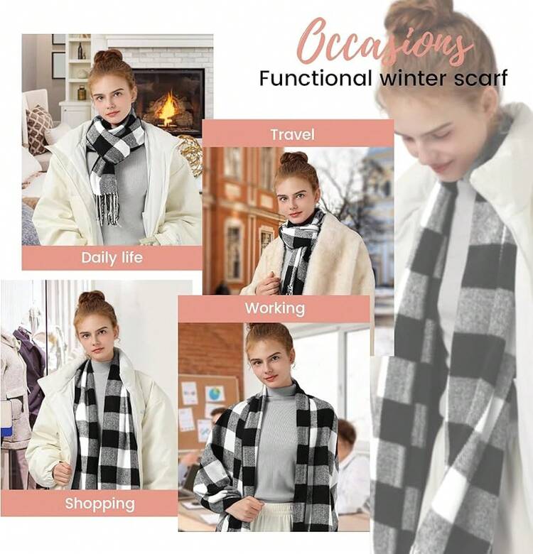Bufanda de invierno para mujeres, bufandas de moda con sensación de cachemira a cuadros para mujeres, chales y envolturas de pashmina, bufanda larga tipo manta - Cuadros blancos y negros - Añade 7
