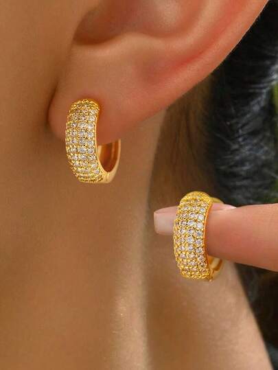 一对精美S925纯银立方氧化锆大、中、小半圆形全钻耳环，优雅珠宝，女士礼品