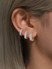 一对精美S925纯银立方氧化锆大、中、小半圆形全钻耳环，优雅珠宝，女士礼品 - 半圈滿鑽 - 查看 8