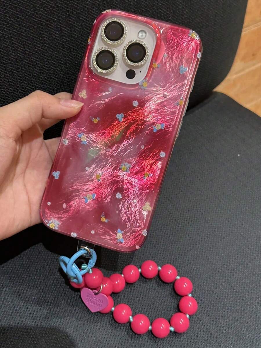 Retro Stylish Flower Smudge Phone Cases Hand Bead Chain Compatible With IPhone 16 15 13 Pro Max 14 12 11 Plus Cute Girl Shockproof Cover - Hot Pink - View 1