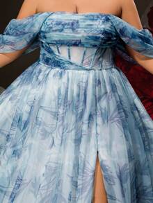 VIPGIRL 优雅蓝色花朵露肩大码礼服，高开衩，薄纱覆盖，长款正式晚礼服，女士公主风格舞会礼服，婚礼宾客礼服，奢华舞会礼服，女士派对礼服 - 藍色 - 查看 8