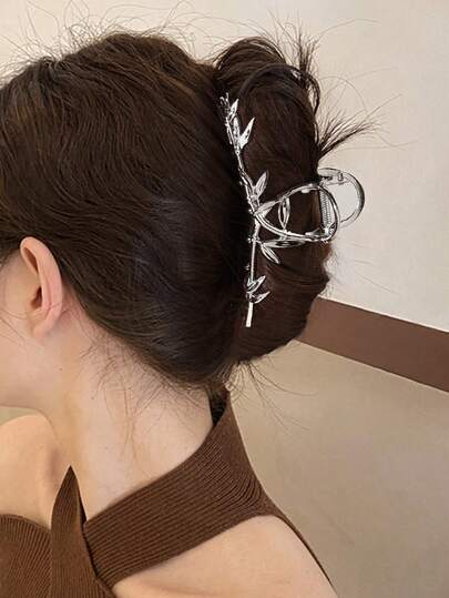 1pc Large Metallic Bamboo Leaf Shaped Hair Clip For Women With A Chic Chinese Style Design, Back-Head Hair Claw For Ponytail Or Bun Elegant,Hair Accessories,Claw Clips,Hair Jaw Clip,Hair Clutch