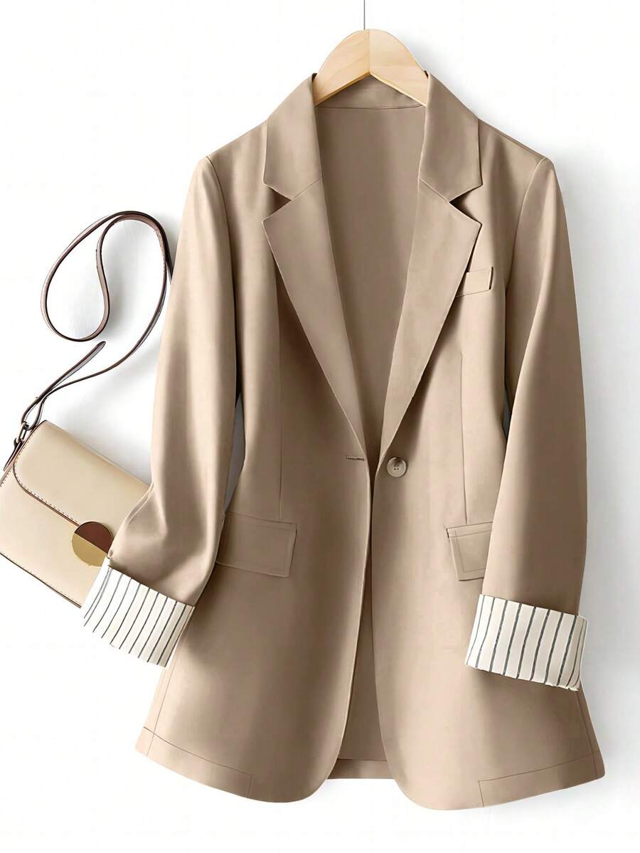 Women's Cuff Striped Patchwork One Button Regular Blazer - Camel - View 1