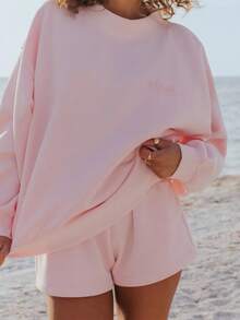 Women Athletic Shorts Loose Fit Solid Color Drawstring Sweatshorts For Yoga Running - Pink - View 5