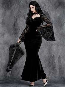 Vestido de mujer gótico y sexy con mangas de encaje, parches y cola de sirena con terciopelo para Halloween. Vestido elegante y formal de noche, para graduación, cena, fiesta de boda como invitada