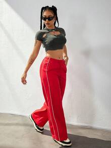 Pantalones cargo de pierna ancha con cintura elástica casual, con tubería de contraste, estilo vintage americano de la década de 2000 para volver al colegio en otoño - Rojo - Ver 6