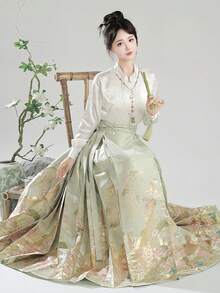 1 件现代中国汉服，复古风格绿色琵琶刺绣腰部收腰中长连衣裙，适合成人中国文化爱好者