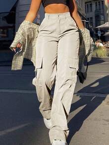 Women's Stylish And Chic Solid-Color Cargo Pants, Loose And Practical With Multiple Pockets, Sweet And Casual, Perfect For Street Style, Brunch, And Spring And Summer Outfits. - Apricot - View 5