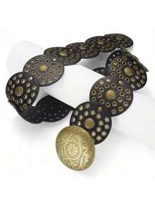 1pc Oversized Plus Size Women's Cowgirl Belt, Chunky Cowboy Belt, Bohemian Vacation Style Sexy Retro Cowgirl Personalized Metal Splice Hollow Round Buckle Belt, Suitable For Street Punk, Party, Music Festival