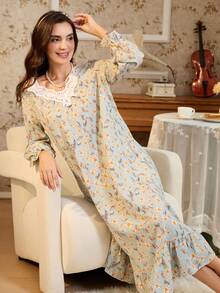 RS Pajama1 蕾丝 V 领长袖撞色蕾丝浪漫优雅印花睡裙，秋季，冬季，宽松睡衣 - 薄荷綠 - 查看 6