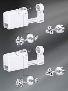 CIZME 4 件/套时尚不锈钢方晶锆石心形仿珍珠平背耳环，带穿耳枪，自穿耳套装 - 一次性穿耳枪，带预装耳钉，家用自穿耳枪套装，软骨耳环，男女皆宜，可作为日常装饰 - 銀色/金色 - 查看 11