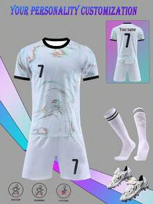 Personalized Name Portugal National Team White Pattern #7 Youth Football Jersey Set - Polyester, Crew Neck Top And Shorts, Suitable For Boys' Sports Training And Casual Wear, Perfect For Outdoor Activities. - White - View 4