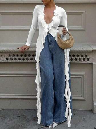 Elegant Fashion Street Style 3D Floral V-Neck Ruffle Tie Sleeve Long Sleeve T-Shirt Top, New Autumn Collection,Fall Clothes For Women,Long Sleeve Tops Women