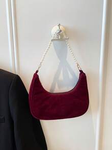Fashionable Pearl Chain Crescent Shoulder Bag, Stylish Shoulder Baguette Bag, Handheld Small Bag, Outdoor Casual Bag, Versatile Commuter Bag - Burgundy - View 5