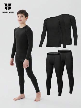 HOPLYNN Tween Boy 4 Pack Compression Long Sleeves Pants, Quick Dry Workout Running Sports