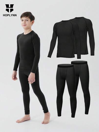 HOPLYNN Tween Boy 4 Pack Compression Long Sleeves Pants, Quick Dry Workout Running Sports