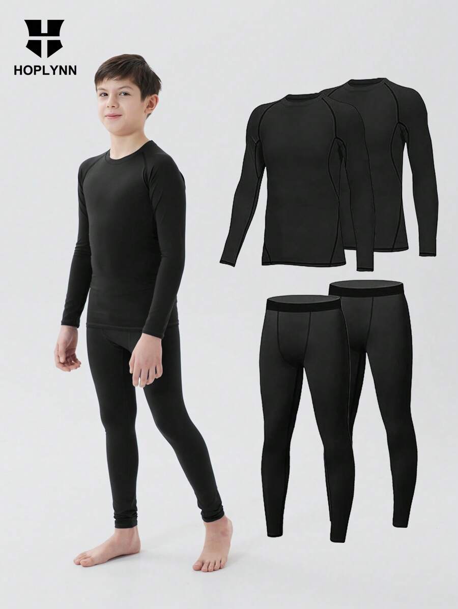 HOPLYNN 4件套青少年男童压缩长袖裤，速干运动跑步服 - 黑色 - 查看 1