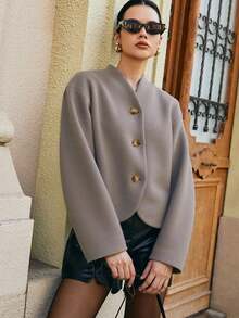 Women's Short Wool Blend Coat, Solid Color, Front Button Closure, Autumn/Winter - Grey - View 3