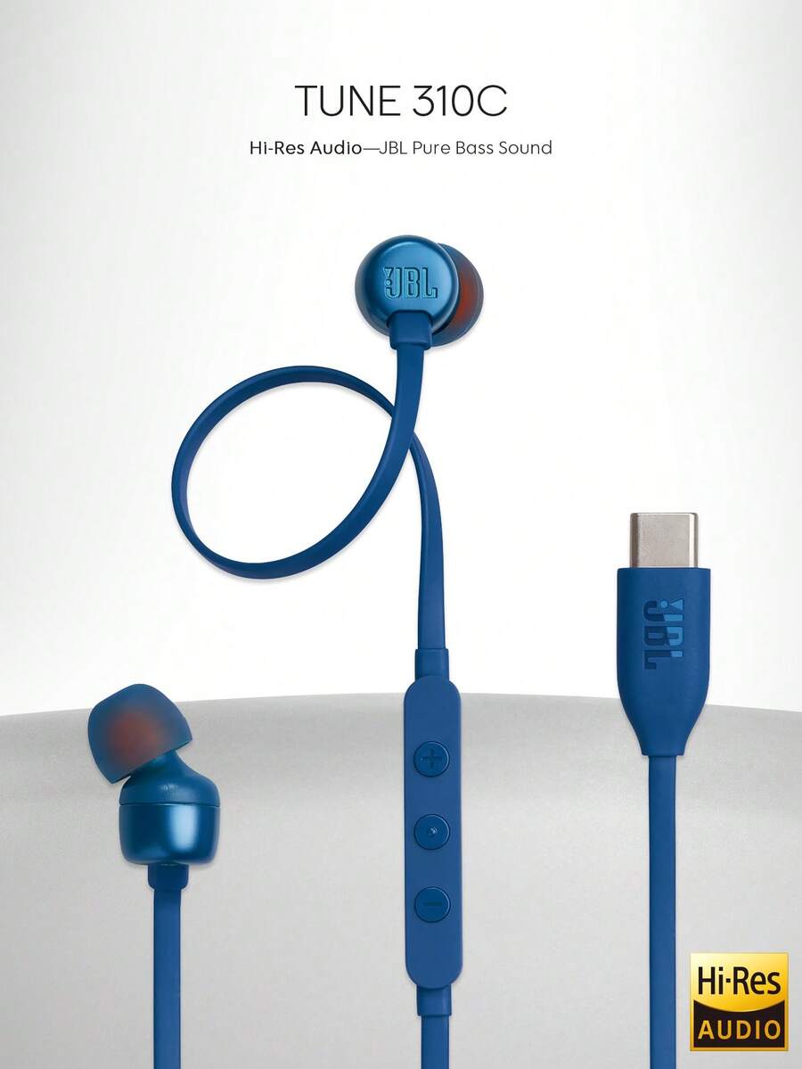 JBL Tune 310C 有线入耳式 C 型耳机，带数模转换器的高分辨率音频，带麦克风的 3 键 EQ 预设遥控器，防缠绕扁平电缆，兼容 USB-C 设备