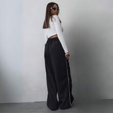 Basic Street Straight Wide Tactel Pants With Drawstring Waist And Pocket - màu đen - Xem 2