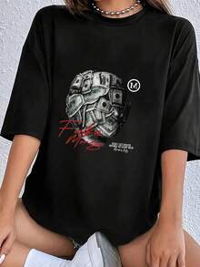 Double-Sided Printing / Double-Sided Print Pattern Y2K Boyfriend-Style T-Shirt  ,Casual Fit Round Neck ,Graphic Short Sleeve T-Shirt Graphic Tees Women Tops,Women's Shirt Tee 1 Pcs 180g Heavy Cotton T Shirt - màu đen - Xem 4