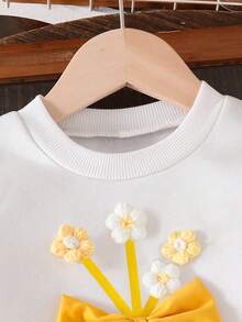 Tween Girl Floral Embroidered Warm Crew Neck Sweatshirt And Woven Long Pants Set - White - View 3