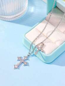 1pc Exquisite Cross Pendant Necklace Inlaid With Rhinestone - Silver - View 6