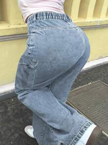Women's Loose Casual Drawstring Waist Cargo Denim Pants - Rửa nhẹ - Xem 7