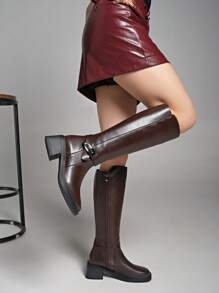 2025秋冬新款中跟及膝靴，简约摩托骑行风格，百搭女性单品 - 棕色 - 查看 6
