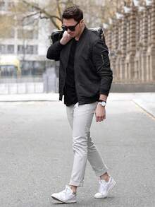  Men's Bomber Jacket Lightweight Casual Windbreaker Zip Up Coat With Pocket - 黑色 - 查看 2