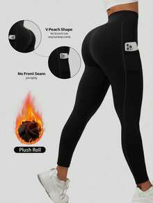 1pc Plus Size Thermal Lined Warm Yoga Leggings With Side Pockets, Suitable For Outdoor Sports And Yoga, Autumn/Winter