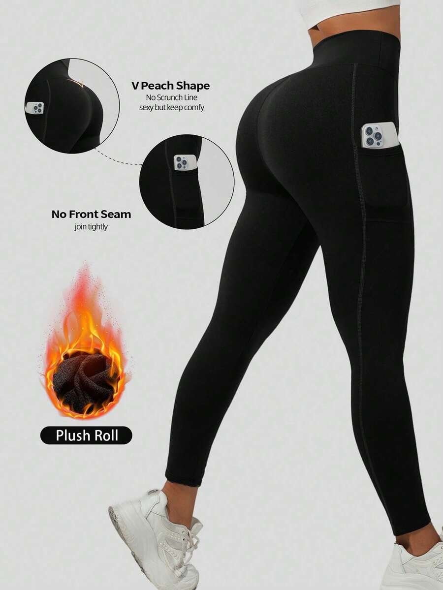 1pc Plus Size Thermal Lined Warm Yoga Leggings With Side Pockets, Suitable For Outdoor Sports And Yoga, Autumn/Winter