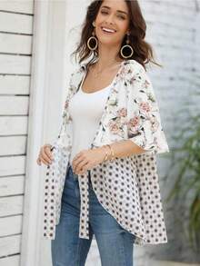 Women 3/4 Ruffle Sleeve Floral Kimono Cardigans Lightweight Patchwork Flowy Boho Tie Loose Cover Ups - White - View 5