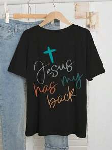 Camiseta casual de verano para mujer con cuello redondo y estampado de corazón y letras - Negro - Ver 5