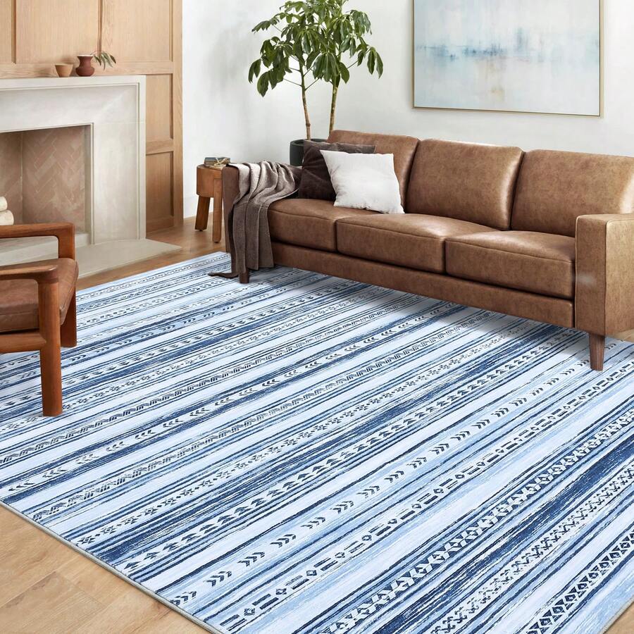 Waschbarer geometrischer Vintage-Teppich, rutschfest, fusselfrei, Kurzflor-Teppich, weicher Überwurf, Bodenbelag, faltbarer Innenteppich für Wohnzimmer, Esszimmer, Schlafzimmer, Spielzimmer, Kinderzimmer