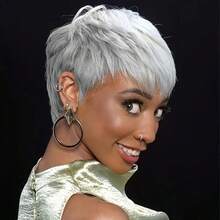 Grey Pixie Cut Wig Human Hair Straight Layered Glueless Pixie Wigs For Women Silvery Gray Color 100% Brazilian Human Hair Wig With Bangs 4 Inch 180% Density Perfect For Everyday & Cosplay & Parties & Music Festival - 灰色 - 查看 5