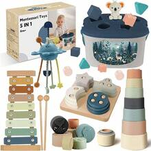 5 In 1 Montessori Baby Toys Set With For 6+ Months, Montessori Sensory Toys Pink With Pull String Activity Toy, Stacking, Sorting And Musical Play For Babies 6-12M Birthday - 彩色 - 查看 1