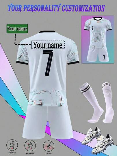 Personligt namn Portugals landslag Vitt mönster #7 Barnfotbollströja - Polyester, rund halsringning och shorts, lämplig för pojkars sportträning och vardagskläder, perfekt för utomhusaktiviteter.