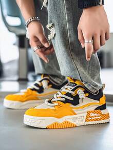 New Men Skate Shoes Patchwork Casual Lace-Up Low-Top Versatile Comfortable Outdoor Sports Sneakers, Suitable For All Seasons - Màu vàng - Xem 9