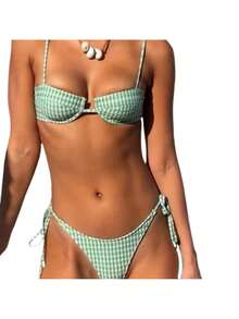 Women's Plaid Print String Bikini Set Green Bikini Swimsuit Plaid Spaghetti Strap Women's Swimwear Low Waist Beach Vacation Wear TikTokShop CyberMonday - 綠色 - 查看 2
