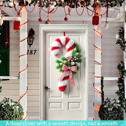 1 件糖果手杖花环，涤纶红白条纹，配人造松枝和条纹蝴蝶结，节日圣诞门装饰，室内外均可使用，冬季假日主题，无需电源，非常适合圣诞派对和活动，适用于入口/房间/花园装饰