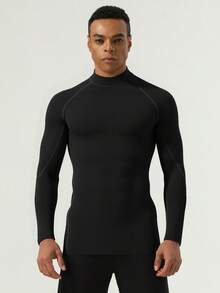 3 piezas Conjunto de ropa deportiva de manga larga con cuello alto para hombres, Camiseta deportiva de protección solar profesional estilo novio para hombres, Camiseta básica estilo novio para gimnasio y entrenamiento para hombres - Negro - Ver 3