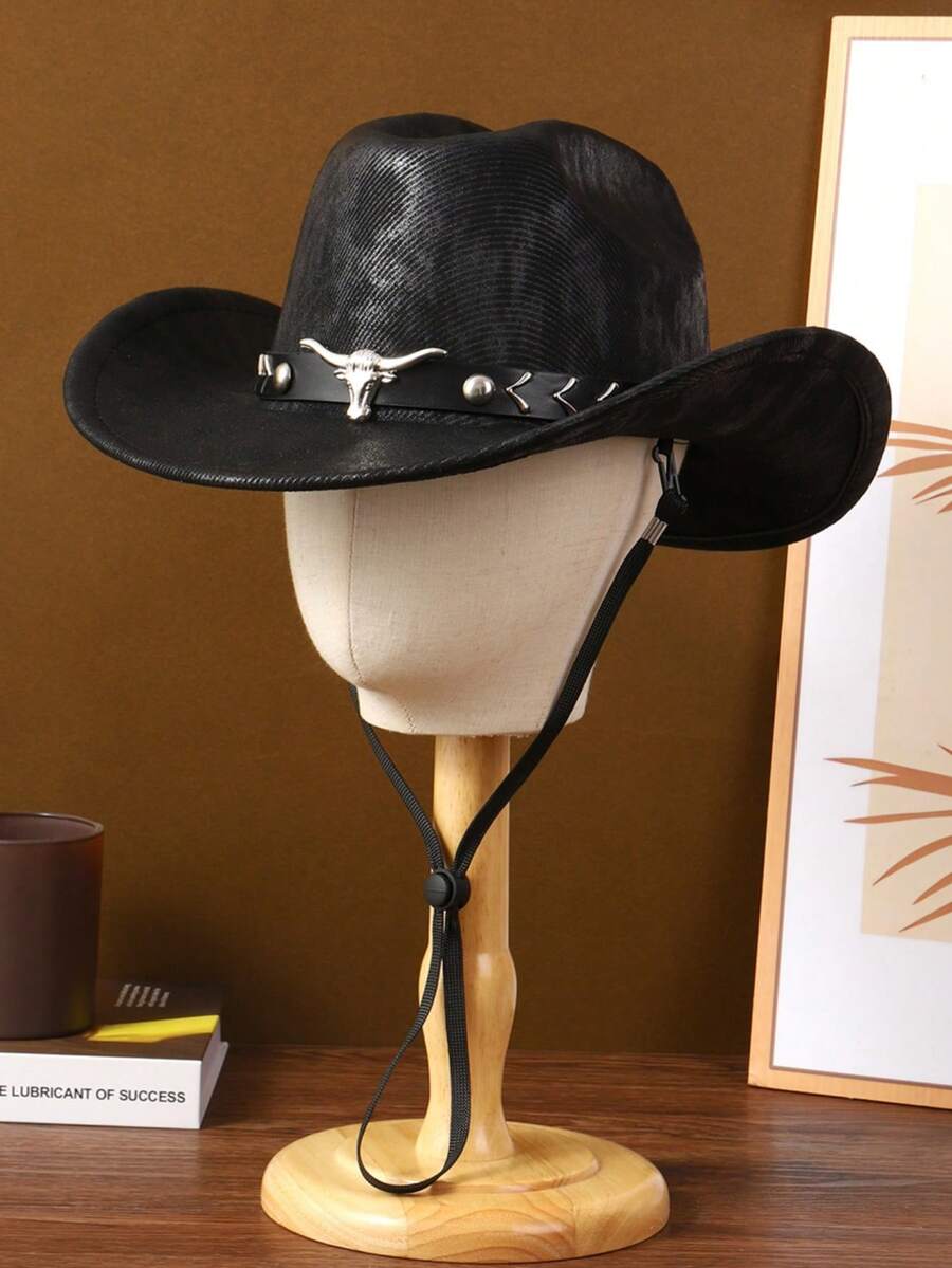 1pc Men's/Women's Black Cowboy Hat With Bull Head Decor & Windproof Chin Strap - Ideal For Western-Themed Events, Rodeos, Outdoor Adventures